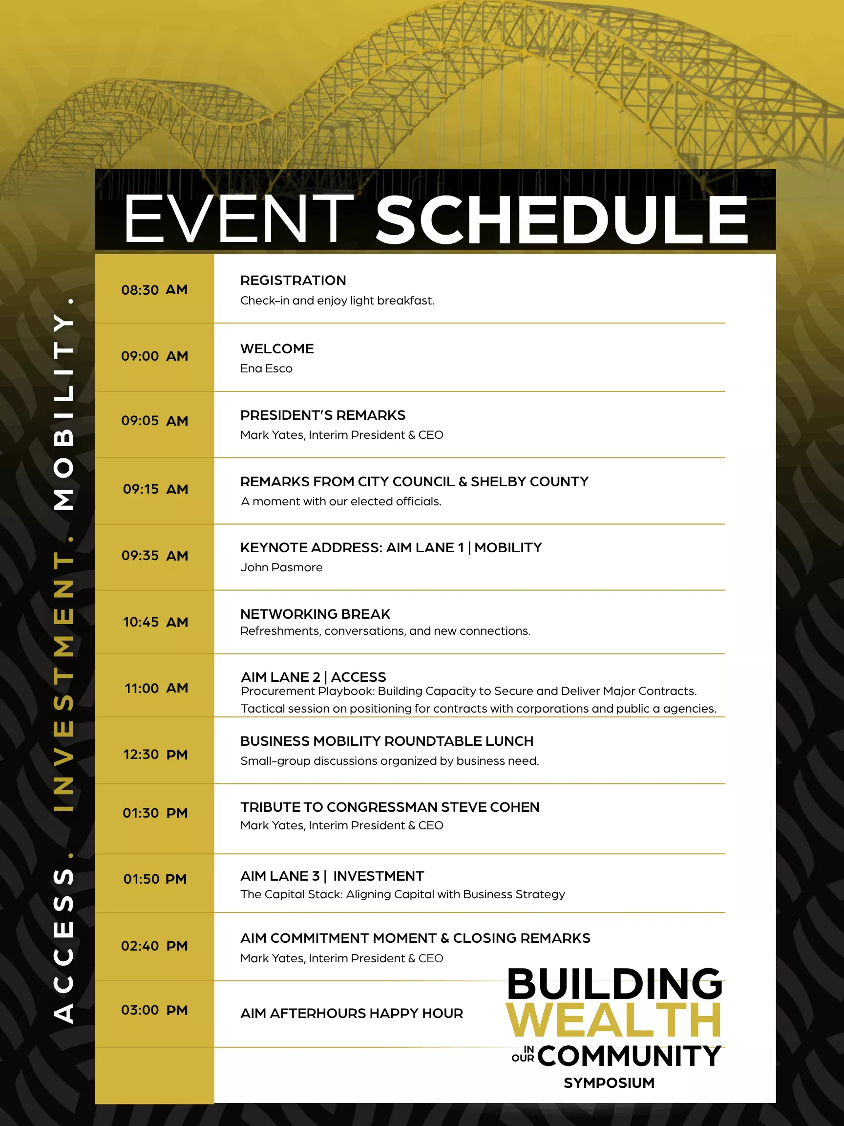 The day agenda for the Black Chamber of Memphis's Building Wealth in our Community Symposium 2026.